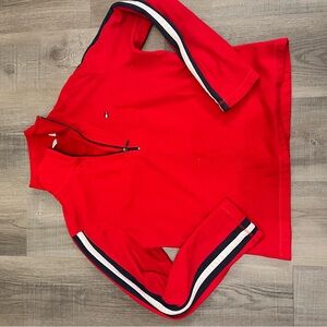 Red Quarter-Zip Pullover with Striped Sleeves